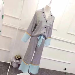 Home Clothing 2024 Spring Fashion Striped Silk Satin Pyjamas Pants Suit Two Pieces Sleepwear Women's Leisure Nightwear