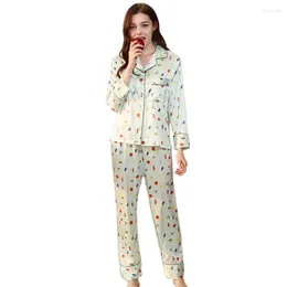 Home Clothing 2024 Fashion Women Pyjamas Sets Cute Print Silk Suits Casual Femme Comfortable Fruit Green