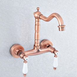 Kitchen Faucets Antique Red Copper Swivel Spout Sink Faucet Wall Mounted Bathroom Basin Cold Water Taps Dsf903