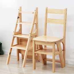 Multifunctional Foldable Dining Chair Wooden Step Stool Indoor Household Climb High Pedal Ladder Chair