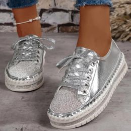 Casual Shoes 2024 Women Shining Rhinestone Loafers Bowknot Slip-on Thick Botton Ladies Crystal Female Platform Sneakers Sports