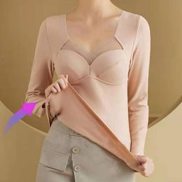 Women Thermal Underwear Top Padded Bra Stretch Slim Fit V Neck Fall Winter Warm Plush Lined Tight Long Sleeves Tee Shirt