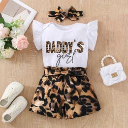 Clothing Sets Girls Ruffle Shoulder Sleeveless Romper Bodysuit Leopard Print Shorts With Belt Headband Set Baby Clothes