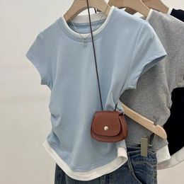 Women's T Shirts Vintage Modals Patchwork Short Sleeve T-Shirts With Pleat And Slim Fit Design For Women Aesthetic Clothes Crop Tops Girl