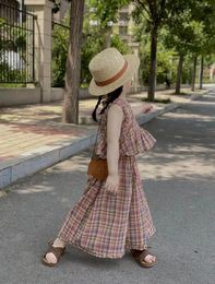 Clothing Sets 2024 Girl's Summer Two Piece Sweet Coloured Plaid Ruffle Lace Vest Doll Shirt And Loose Wide Leg Pants