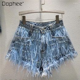 Women's Jeans Summer Diamonds Ostrich Feather Tassel Blue Denim Shorts Female 2024 Fashion Slim Fit All-Match Short For Women