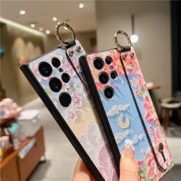 Pink Flower Wrist Strap Phone Holder Case for Samsung S24 Ultra S23 FE A15 25 35 A55 A32 12 42 A52S 72 A51 71 31 21S 50 70 A30S