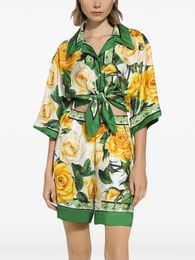 24 Summer Silk French Vintage Romantic Yellow Green Rose Print Flip Collar Short Shirt Fashionable Shorts Set