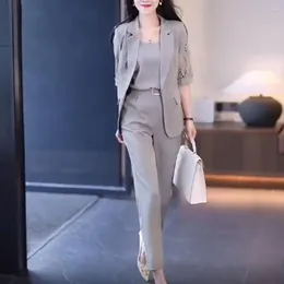 Women's Two Piece Pants Women Suit Elegant Business Set With V Neck Vest Lapel Coat High Waist Harem Formal Commute Style For Lady