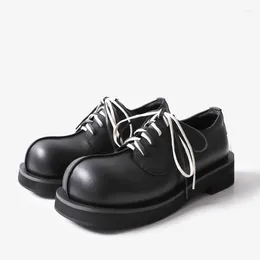 Casual Shoes British Style Women Leather Black Platform Round Toe Lace Up Derby Female Thick Sole Vulcanize