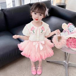 Clothing Sets 2024 Summer Baby Girls Children Floral Shirt Bow TUTU Skirt Lace Princess Costumes Kids Clothes Outfits 2-8 Years