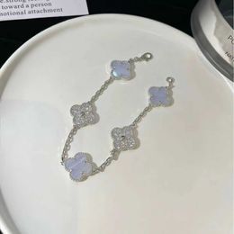 Designer 925 sterling silver VAN purple chalcedony four leaf clover bracelet plated with 18K white gold diamond CNC precision high version