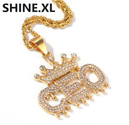 Mens Gold Chain Stainless Steel Crown Letter CEO Pendant Necklace Iced Out Lab Diamond Charm Hip Hop Jewellery Gift4044832