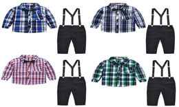 Boys Checkered Shirt Clothing Sets Bow Tie Cravat Shirt Stripe Straps Tightness Button Solid Pants England Style Summer 17T 048023109