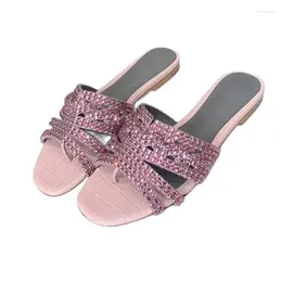 Slippers Summer Split Toe Crystal Woman Slipper Pink Shiny Diamond Hollow Out Beach Holiday Mule Real Leather Comfort Flip Flops Women