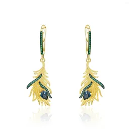 Dangle Earrings Natural Blue Topaz Stone Earring Gold Feather Jewellery Pave Emerald-Green 925 Sterling Silver Women's