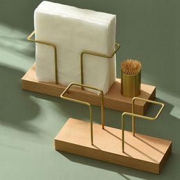 Metal Napkin Holder Decorative Vertical Wooden Tissue Dispenser Gold with Toothpick Case Tissue Box Home
