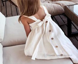 Girls cotton linen suspender dresses kids Bows single breasted double pocket princess dress summer children soft comfortable cloth1355832