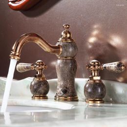 Bathroom Sink Faucets Luxury Rose Golden Basin Faucet Set With Marble Stone 8 Inch Hole 3 Holes Widespread Tub Mixer Deck Mount For And Cold