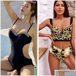 Womens Swimwear Designer Bikini Bathing Suits Luxury Swimsuit Y Solid Color Tie One Piece Hollow Out Backless Mti Prints Polyester Dro Dhttq