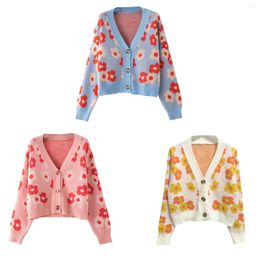 Women's Knits Cropped Cardigan Sexy Long Sleeve Button Down Floral Print Knit Sweater