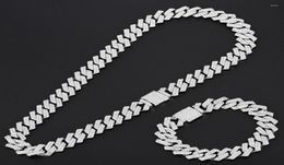 Chains 15mm Miami Prong Cuban Chain Link Silver Color Necklaces 2 Row Full Iced Out Rhinestones Bracelet Set For Mens Hip Hop8398901