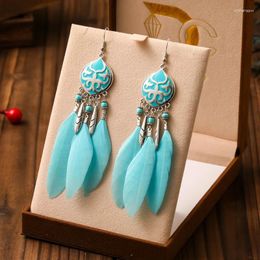 Dangle Earrings Ethnic Enamel Fire Totem Long Feather For Women Vintage Boho Metal Leaf Rice Bead Drop Earring Female Party Jewelry