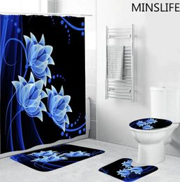 Shower Curtains Blue Transparent Flowers Bathroom Set Waterproof Curtain Bath Mats Rugs Anti-slip Carpet Bathtub Toilet Screen Home Decor