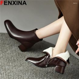 Boots FENXINA Genuine Leather Snow Women Square Toe Med Heels Thick Fur Warm Winter Black Brown Ladies Ankle