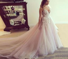 Gorgeous Aline Wedding Dresses Sexy Low VNeck Bridal Gown Illusion Strap Keyhole Back Appliques Design Long Train6710206