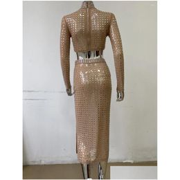 Work Dresses Fashion Women Y Long Sleeve Mesh See Through Sequins Tops Mid-Calf Bodycon Pencil Skirts Set Nightclub Party Wear Drop De Dhb1I