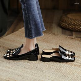 Dress Shoes 2024 Spring Women Pumps Natural Leather 22-24.5cm Cowhide Sheepskin Square Toe Chequered Loafers/slippers