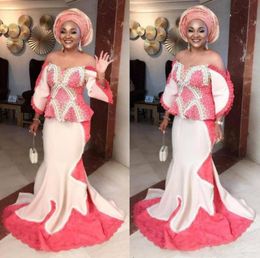 South African Mermaid Prom Dresses Plus Size Aso Ebi Ruffles Beaded Evening Gowns Off The Shoulder Peplum Water Melon Formal Party4906173