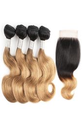 1B27 Ombre blonde Hair Bundles With Closure Brazilian Body Wave 50gBundle 10 12 Inch Short Bob Hair Remy Human Hair Extensions52019915361