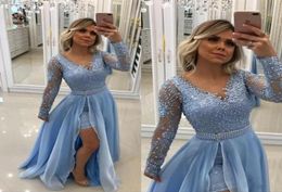 Vintage V Neck Pearls Lace Appliques Sky Blue Prom Dresses Long Sleeves With Detachable Skirt And Pearl Sash Evening Gowns7869441
