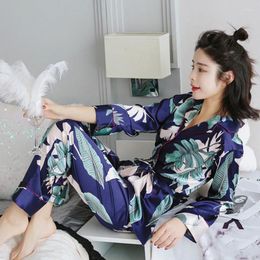 Home Clothing Print Vintage Kimono Long Sleeve Women's Pyjama Set Loose Satin Fashion Woman Lounge Autumn Sleepwear 2024