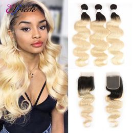 Elfriede #T1B613 Blonde Body Wave Bundles with Closure Brazilian Rmey 100% Human Hair Weaves 3 Bundles with Lace Closure 4x4