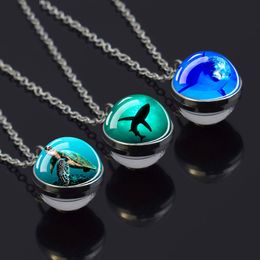 Dolphins Turtles Whales Octopuses Necklaces Blue Sea Double Sided Glass Ball Pendant Chains Necklace for Women Men Jewellery Gift