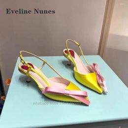 Dress Shoes Bow Heart-Shaped Satin Sandals Pointed Toe Thin Heels Back Strap Side Air Slingback Women Pumps Buckle Mixed Colours