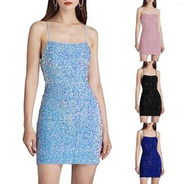 Casual Dresses Women's Spaghetti Strap Sequins Dress Solid Color Glittering Velvet With Beads Sexy Backless Bodycon Midi Vestidos
