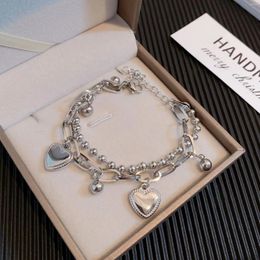 Charm Bracelets Ins Double-layers Korean Heart Tassel For Women Stainless Steel Thick Chain Beaded Bangle Hiphop Bracelet Jewellery Gift