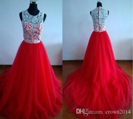 Jewel Neck White and Red Lace Evening Dresses Tulle ALine Sweep Train Plus Size Formal Prom Dresses Real Pos Custom Made5437855