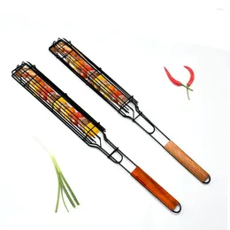 Tools BBQ Grill Barbecue Rack Wrought Iron Net Dog Barbeque Clip Wooden Handle Sausage Cage Thickened