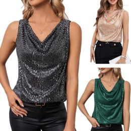 Women's Tanks Women Sleeveless Cowl Neck Sequin Top Casual Blouse Solid Plain Draped Collar Loose Shirt Vest For Party Daily Wear