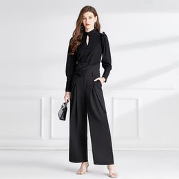 Tight Waist Design Women's Sets, Elegant Black Blouse and High Waist Wide Leg Pants 2 Pcs Suit, Office Ladies, Spring Autumn
