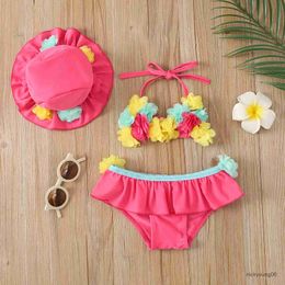 One-Pieces Infant Baby Girls Three-piece Bathing Suit Flower Halter Neck Swimming Tops Bottoms and Sun Protection Cap