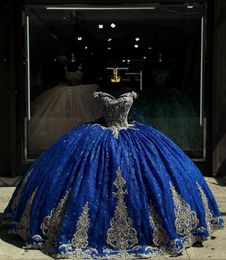 Royal Blue Princess Dresses Prom Ball -klänning från axel glitter paljetter Vestido de quinceanera guld applicerad maskeradklänning