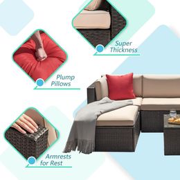 Outdoor Sofa Set with Thick Cushions & Tempered Glass Table, 5 Piece Patio Furniture Set, Wicker Outdoor Sectional Sofa