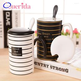 Mugs Creative Stripe Coffee Mug Black White Ceramic With Lid Spoon Handle Fashion Gift Casual Cartoon Drinkware Milk Tea Cup