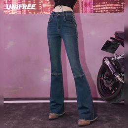Women's Jeans UNIFREE Y2k Slim For Women Sweet Streetwear Rough Edges Flare Pants Fashion Sexy High Street